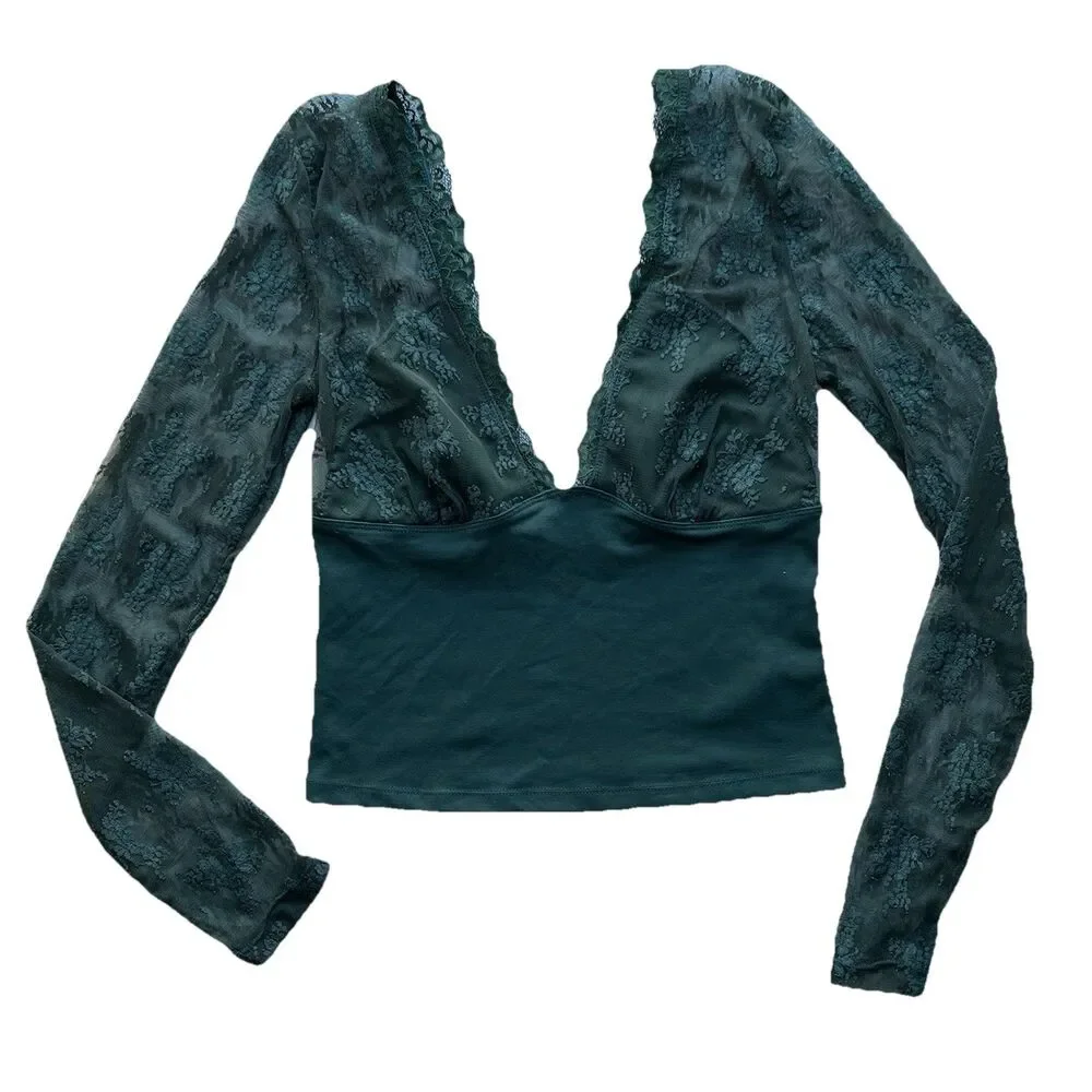 Free People Intimately Long Sleeve Lace Cami Top V-Neck Wireless Green Size S